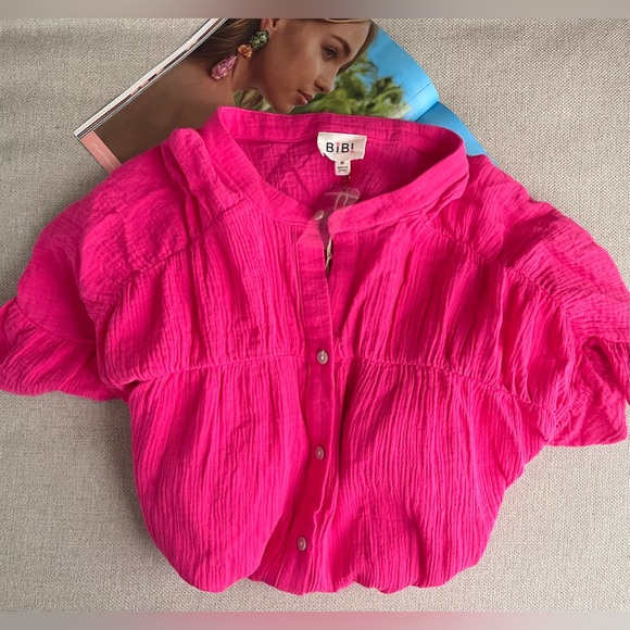 New Bibi Loose Fit Wrinkle Gauze Top 100% Cotton In Fuchsia Size M - Picture 11 of 11